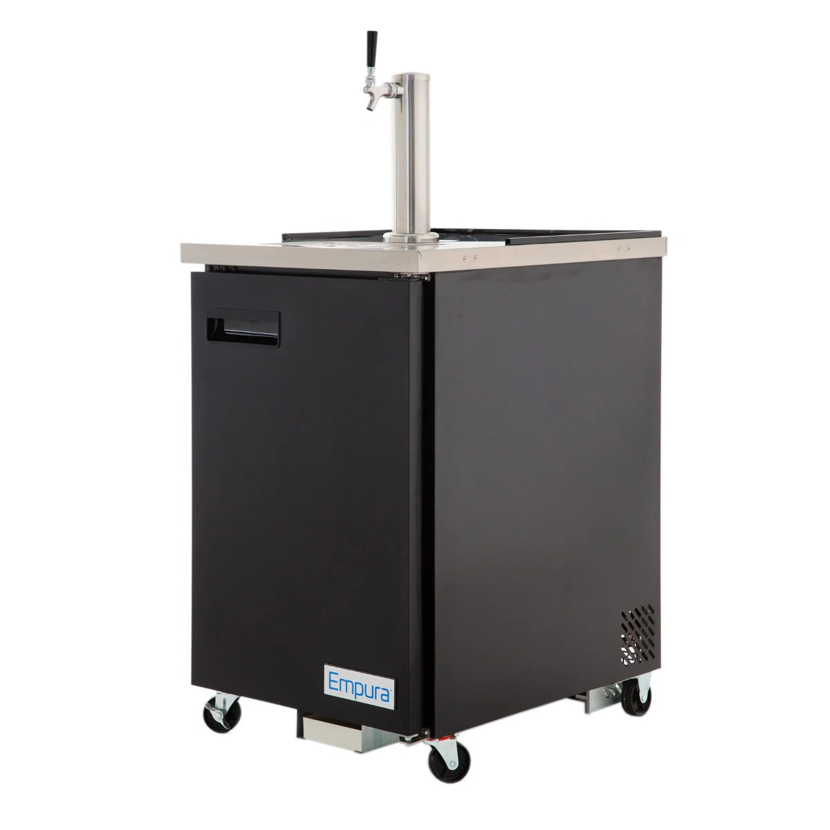 A black portable Direct Draw Beer Dispenser with a single tap tower, four caster wheels, front handle, bottom ventilation grill, and Empura logo near the base. This freestanding kegerator by Empura Refrigeration is ideal for dispensing draft beverages.