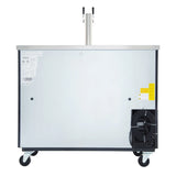 A commercial direct draw kegerator on wheels, viewed from the back. Features include metal paneling, warning labels, a grated ventilation fan in the lower right, a handlebar above, and a vertical dual tap tower on the stainless steel top.