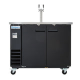 A black, wheeled direct draw kegerator with two doors, a stainless steel countertop, and a dual tap beer dispenser. The left side features a small clear window and open storage slots. The Empura brand label is on the left door.