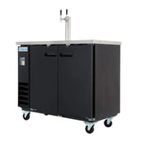 A black commercial direct draw kegerator on wheels with dual tap beer dispenser, stainless steel top, and Empura logo. Featuring two doors and a ventilation panel, it’s perfect for storing and dispensing draft beverages.