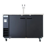 A black Empura commercial kegerator on wheels with two doors, a stainless steel top, and a dual tap tower. This Direct Draw Beer Dispenser features a vented section, control panel on the left, and recessed handles, all set against a white background.