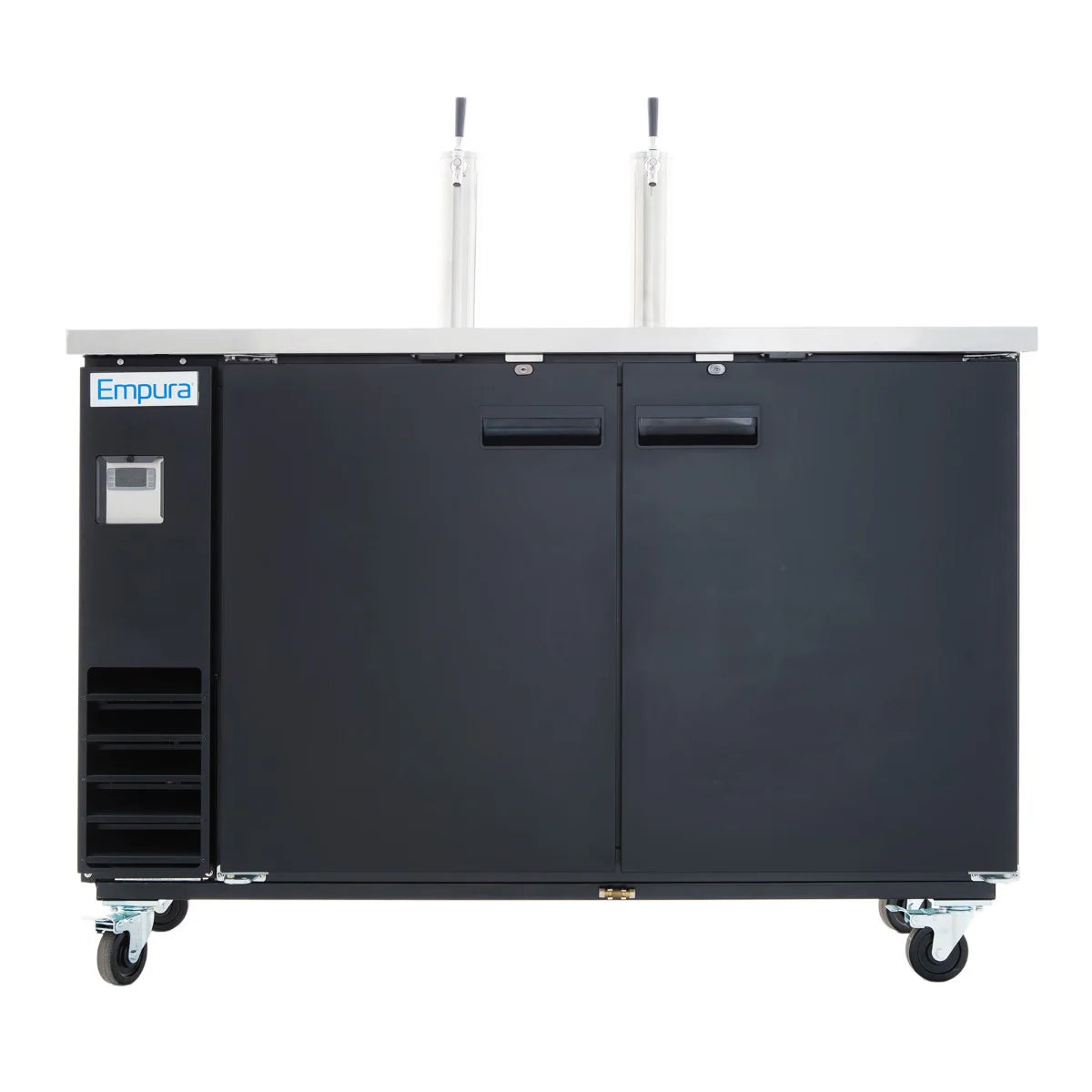 This Empura Refrigeration Direct Draw Beer Dispenser features a sleek black finish, stainless steel top, two tap towers, dual doors, and caster wheels. The Beer Keg Cooler displays the Empura name on the front and includes a vented section for cooling efficiency.