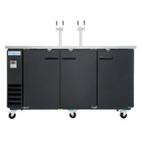 A black Empura commercial keg cooler with three doors, caster wheels, and dual tap towers for direct draw beer dispensing. The unit features a vented section on the left and a flat stainless countertop, perfect for any beverage service setup.