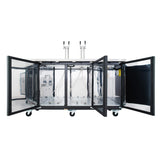 A stainless steel direct draw beer dispenser features four open glass doors revealing pipes, wiring, metal components, and valve controls. This commercial keg cooler includes four caster wheels and two vertical metal handles on the top surface against a plain white background.