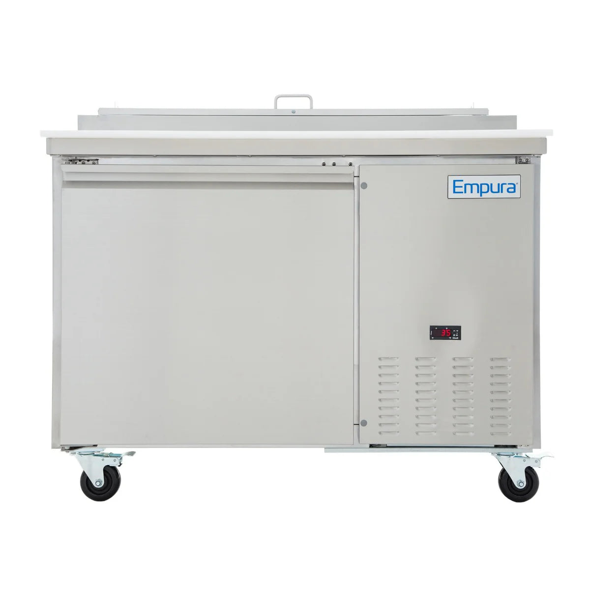 A commercial stainless steel refrigerator on wheels with a horizontal door, digital temperature display, and “Empura” logo on the upper right. This Empura Refrigeration unit features bottom right ventilation grilles and a flat surface top with handle.