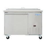 A commercial stainless steel refrigerator on wheels with a horizontal door, digital temperature display, and “Empura” logo on the upper right. This Empura Refrigeration unit features bottom right ventilation grilles and a flat surface top with handle.