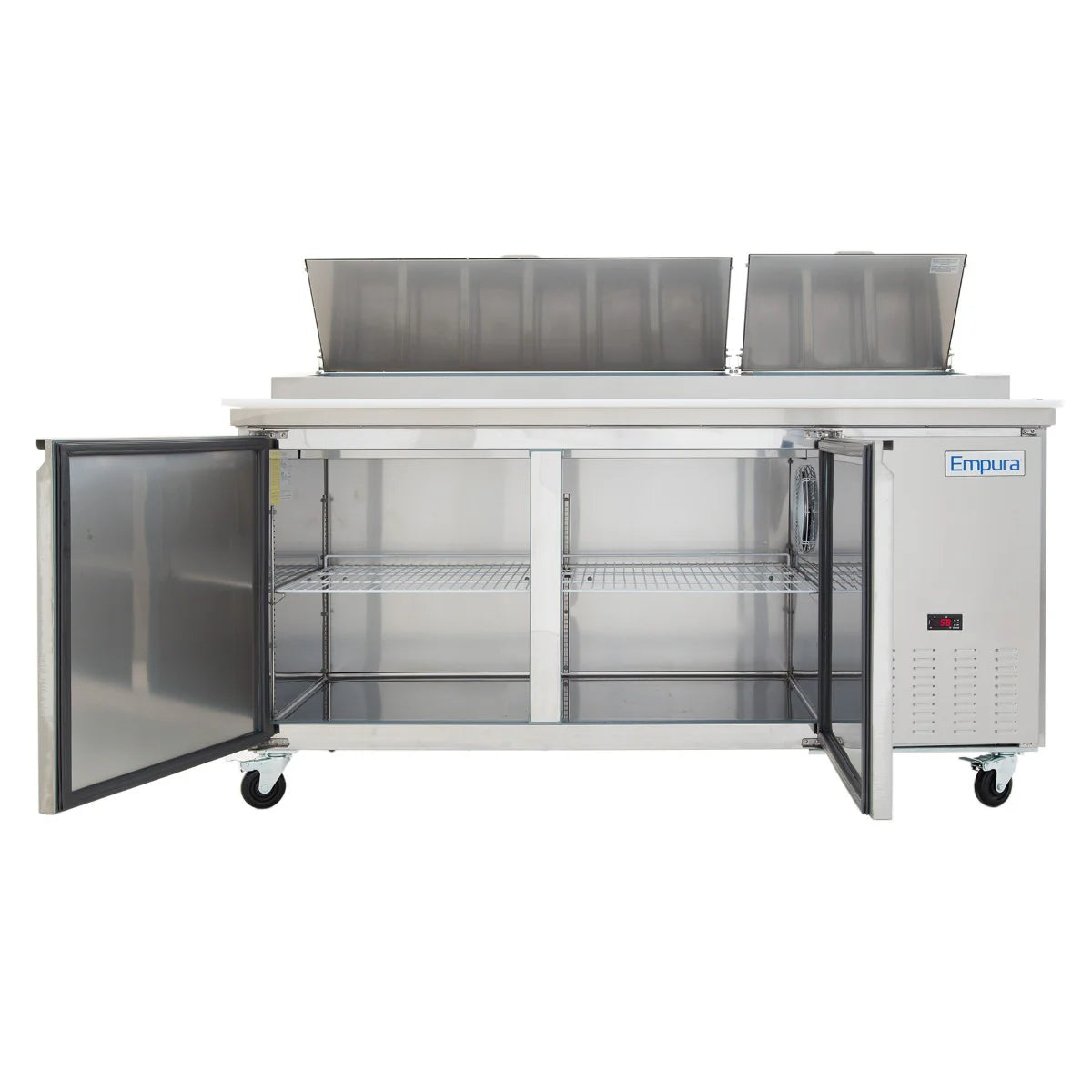 A stainless steel Empura Refrigeration pizza prep table features two open lower doors with wire shelves, two upper compartments with open lids, a digital display, and the Empura brand name on the front right side. The unit is mounted on wheels.