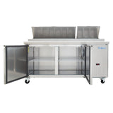 A stainless steel Empura Refrigeration pizza prep table features two open lower doors with wire shelves, two upper compartments with open lids, a digital display, and the Empura brand name on the front right side. The unit is mounted on wheels.