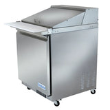 A stainless steel Empura refrigeration mega top prep table on wheels, featuring a closed door, open top lid, extended white cutting board, side ventilation slots, and an Empura label on the bottom front panel.