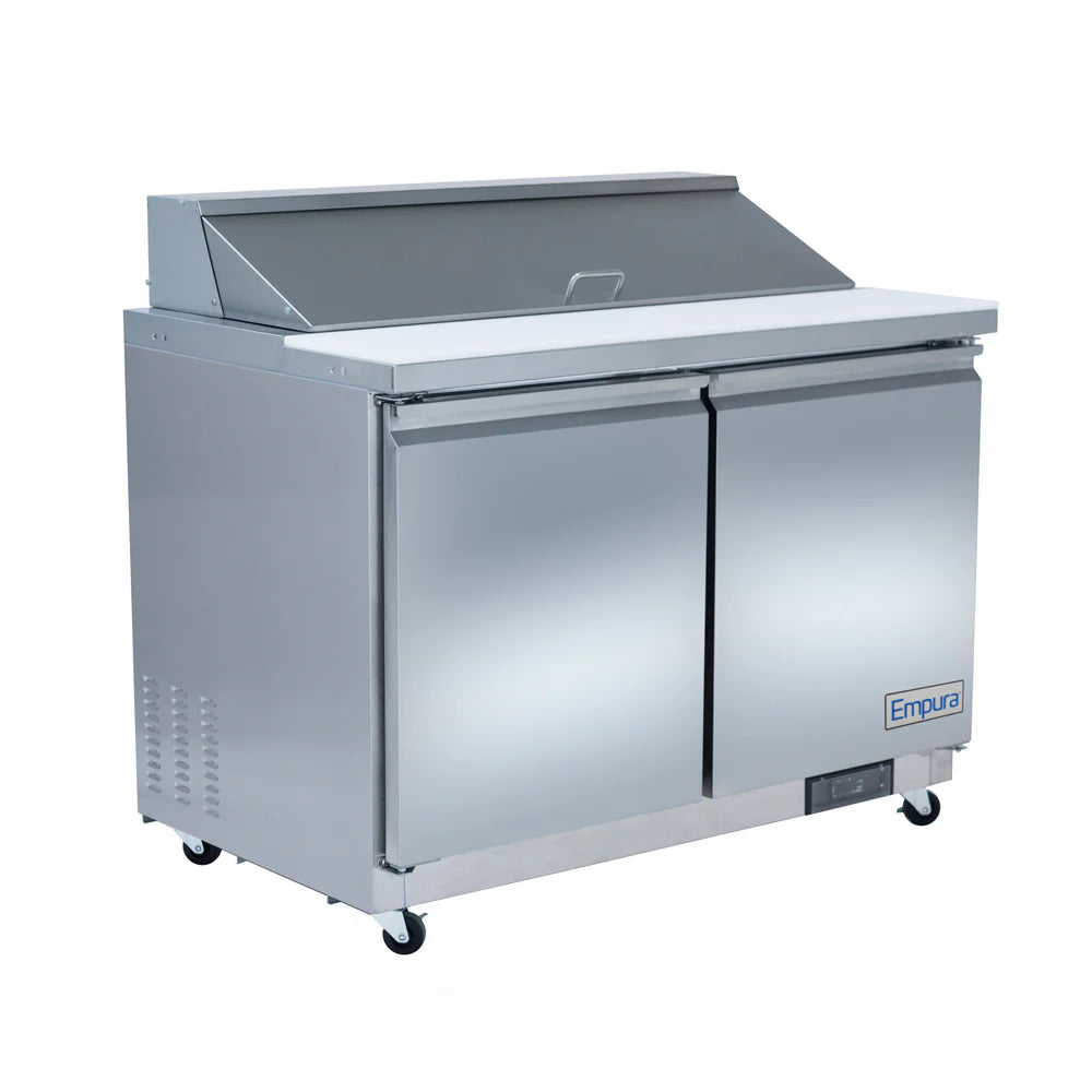 A stainless steel Empura Refrigeration sandwich prep table with two doors, mounted on wheels. The top section has a raised, hinged lid for easy access to the interior prep area, with a small digital control panel and Empura logo on the front.