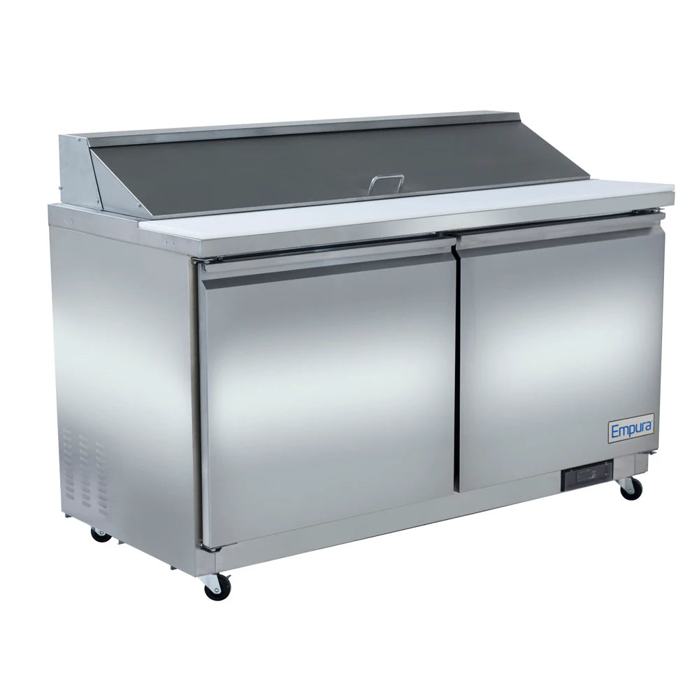 An Empura Refrigeration stainless steel refrigerated sandwich prep table features two doors, a white cutting surface on top, a raised covered section for food prep, and four caster wheels. The Empura label is displayed on the lower right corner.