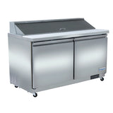 An Empura Refrigeration stainless steel refrigerated sandwich prep table features two doors, a white cutting surface on top, a raised covered section for food prep, and four caster wheels. The Empura label is displayed on the lower right corner.