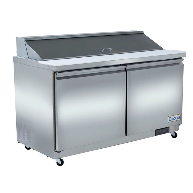An Empura Refrigeration stainless steel refrigerated sandwich prep table features two doors, a white cutting surface on top, a raised covered section for food prep, and four caster wheels. The Empura label is displayed on the lower right corner.
