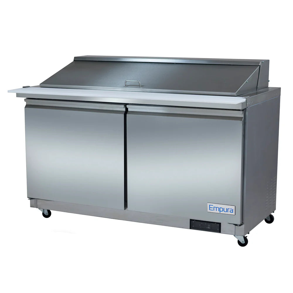 A commercial Empura refrigerated sandwich prep table with a raised back, two large front doors, a white cutting surface on top, and the brand name Empura on the bottom right corner; set on four black caster wheels.