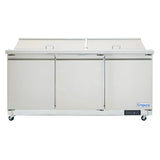 A large commercial refrigerated sandwich prep table with three doors, two top flip-up lids, and four wheels. The rectangular unit features a flat front and displays the Empura logo on the bottom right corner.