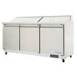 A large stainless steel commercial refrigeration unit with three front doors, two horizontal lids on top, and the Empura brand displayed on the lower right corner. This refrigerated sandwich prep table is set on caster wheels for easy mobility.