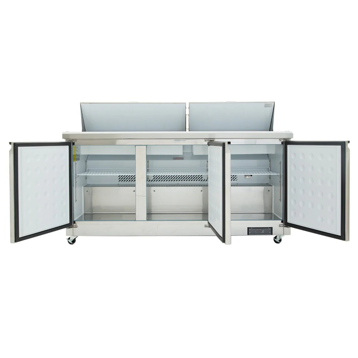 A stainless steel commercial refrigeration unit with two open top lids and two swing-out doors below reveals a spacious, empty interior with shelves and white insulation. Ideal as a refrigerated sandwich prep table, the unit is on wheels for easy mobility.