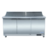 A commercial refrigerated sandwich prep table by Empura, featuring a stainless steel design with two lift-up lids, three storage doors, digital display on the lower right, and wheels for easy mobility—ideal for efficient commercial refrigeration.