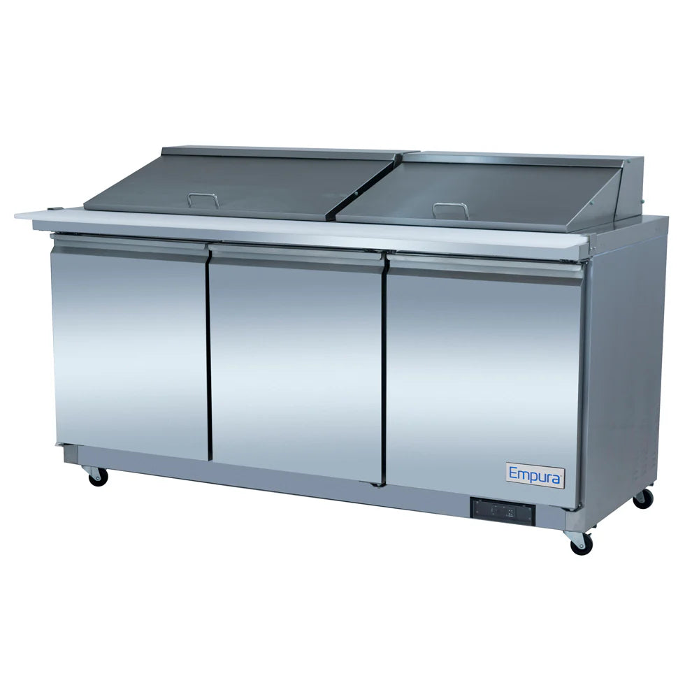A stainless steel refrigerated sandwich prep table with three doors, two raised compartments with lids for food storage, a flat prep surface, and caster wheels. The Empura logo is on the lower right corner of the front panel.