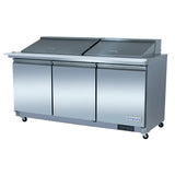 A stainless steel refrigerated sandwich prep table with three doors, two raised compartments with lids for food storage, a flat prep surface, and caster wheels. The Empura logo is on the lower right corner of the front panel.