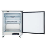 A stainless steel Empura Freezer with its door open reveals a single shelf and empty interior. This undercounter reach-in freezer features caster wheels, a digital control panel at the bottom, and a clean, modern design. The inside is well-lit and spacious.