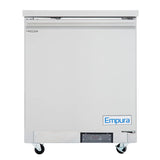 A commercial Empura Freezer on wheels with a white exterior, top handle, FREEZER label on the top left, digital control panel at the bottom, and Empura branding in blue on the lower right—a versatile Undercounter Reach-In Freezer for any workspace.