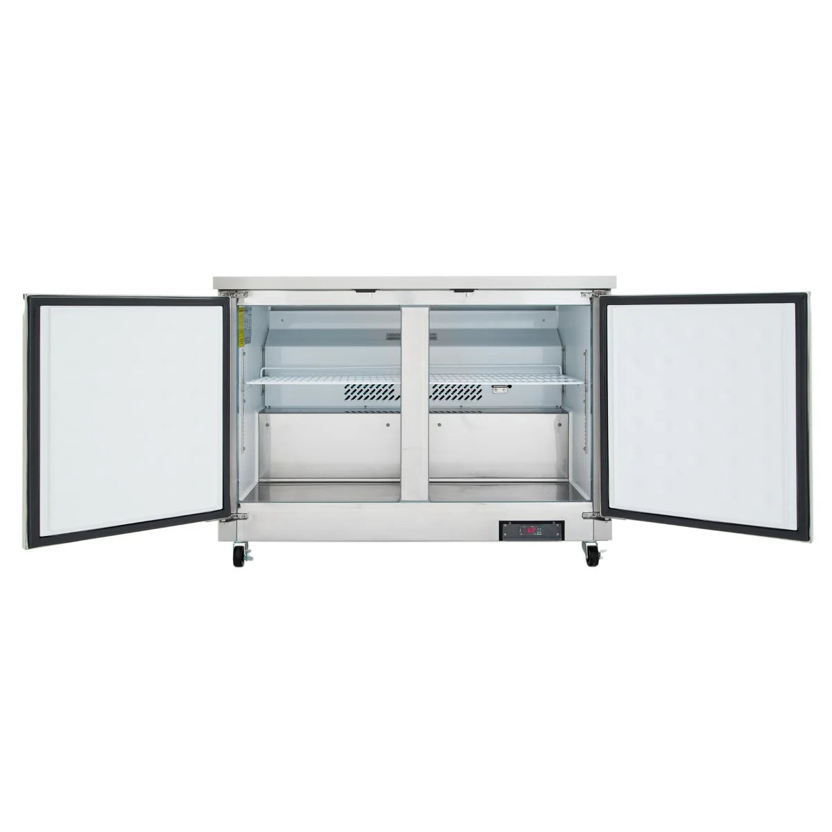 An Empura Refrigeration undercounter reach-in commercial refrigerator with two open doors reveals an empty interior with a single wire shelf and a vented back panel. The fridge is on wheels and features a digital control panel at the bottom right corner.