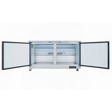 An Empura Refrigeration undercounter reach-in refrigerator is shown with both front doors open, revealing two interior shelves and a vented back panel. The commercial refrigerator sits on four wheels, with a digital control panel at the bottom right corner.