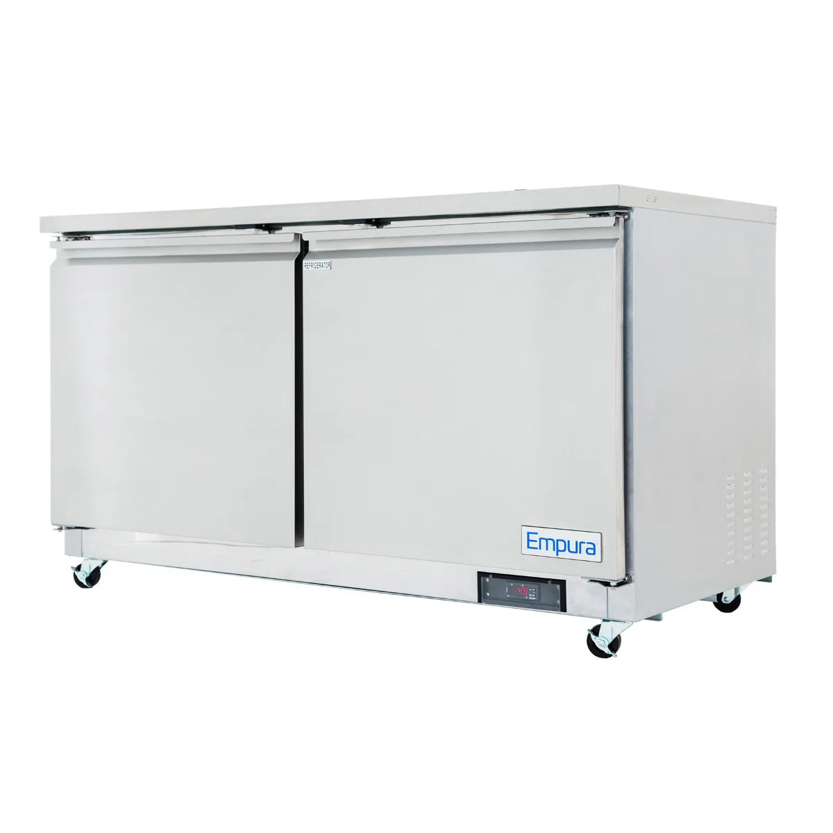 A stainless steel Empura Refrigeration commercial freezer with two solid doors, set on four caster wheels. This undercounter reach-in freezer features a digital temperature display and the Empura brand name in blue on the lower right front panel.
