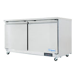 A stainless steel Empura Refrigeration commercial freezer with two solid doors, set on four caster wheels. This undercounter reach-in freezer features a digital temperature display and the Empura brand name in blue on the lower right front panel.