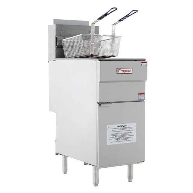 A commercial fryer with a stainless steel exterior, labeled Empura. This gas fryer offers a 50lb capacity and includes two metal frying baskets with blue-coated handles. The unit stands on four legs, with warning and instruction labels on the front panel.