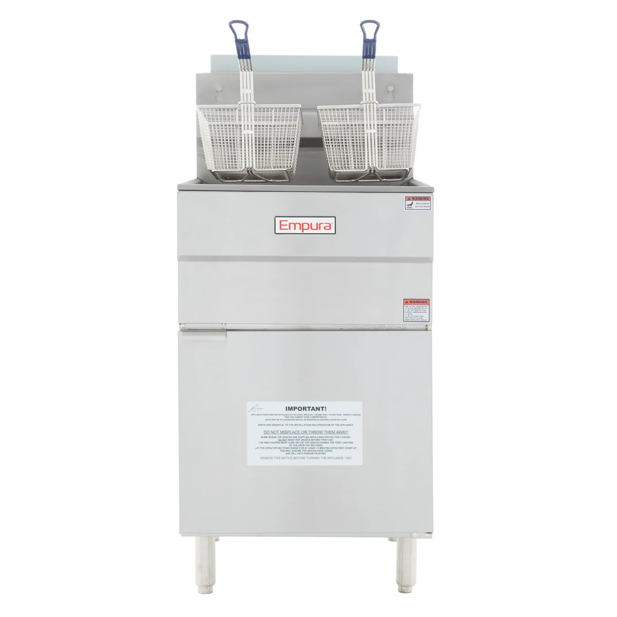 A silver Empura commercial fryer with two mesh baskets and blue handles stands upright. This gas fryer features control and warning labels, four short legs, and boasts an 80lb oil capacity against a plain white background.