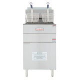 A silver Empura commercial fryer with two mesh baskets and blue handles stands upright. This gas fryer features control and warning labels, four short legs, and boasts an 80lb oil capacity against a plain white background.