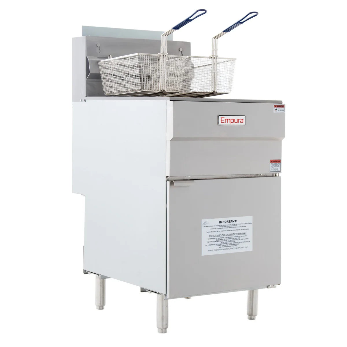 A commercial gas fryer with an 80lb oil capacity features a silver exterior and stands on four legs. Two metal fryer baskets with blue handles rest inside the oil compartment, with the Empura logo and a large caution label on the front.