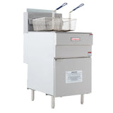 A commercial gas fryer with an 80lb oil capacity features a silver exterior and stands on four legs. Two metal fryer baskets with blue handles rest inside the oil compartment, with the Empura logo and a large caution label on the front.