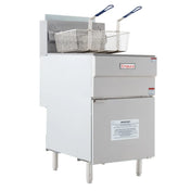 A commercial gas fryer with an 80lb oil capacity features a silver exterior and stands on four legs. Two metal fryer baskets with blue handles rest inside the oil compartment, with the Empura logo and a large caution label on the front.