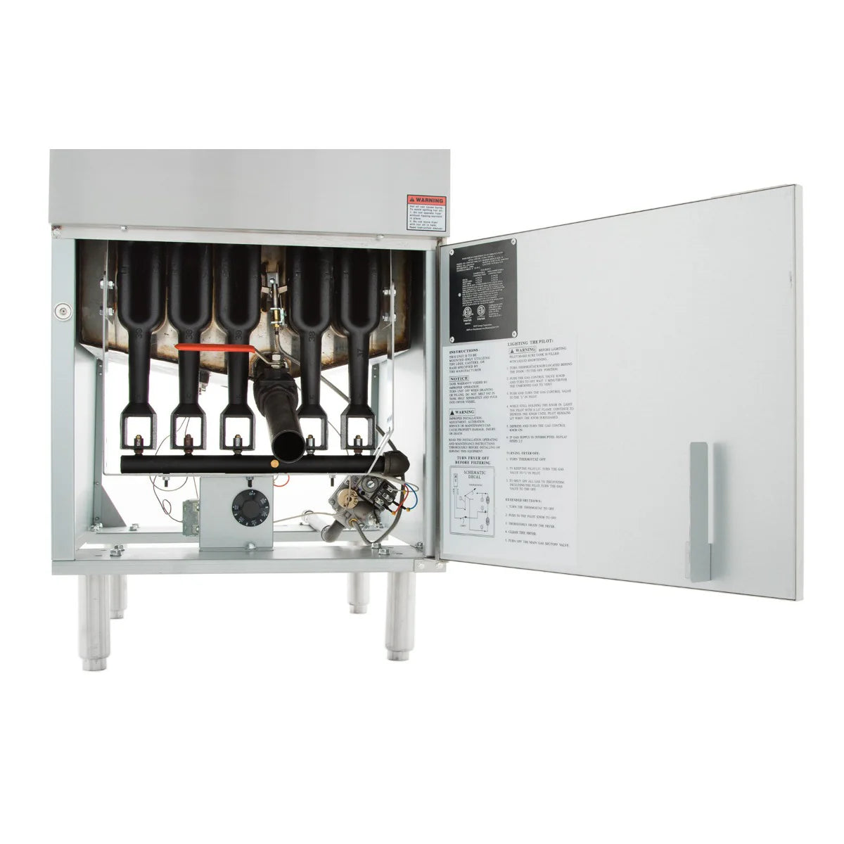 A commercial gas fryer with the front access panel open reveals internal components like burners, pipes, valves, a control knob, and wiring. The inner door displays diagrams and safety instructions. This unit stands on four short legs and boasts an 80lb oil capacity.