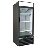 A black, upright commercial freezer merchandiser with a glass door, interior light, three metal wire shelves, and a vented bottom panel. The brand name Empura appears on the lower front. The fridge is empty and the interior is white.