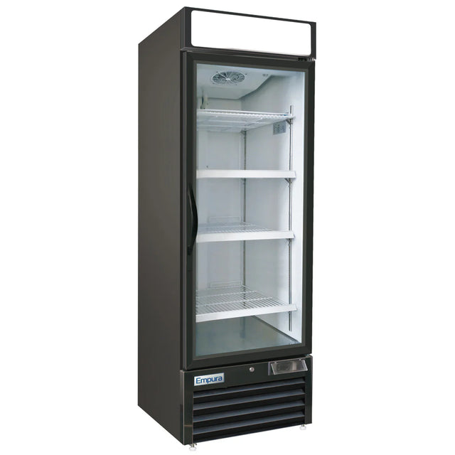 A tall, single-door glass door freezer with a clear front displays four empty wire shelves inside. The black commercial freezer features a white display panel on top, a vent at the bottom, and the Empura brand name near the lower right corner.
