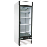 A tall, upright Empura Refrigeration freezer merchandiser with a glass front door, black trim, and white sides. It features four adjustable wire shelves, a bottom vent, and a blank sign panel for branding. The interior is spotless and empty.
