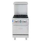 A commercial stainless steel range with four black burners, four front control knobs, a liquid propane oven below with handle, a backsplash, and the Empura brand name on the door, shown against a white background.