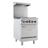 A commercial stainless steel range with four stovetop burners, control knobs, a liquid propane oven below with a handle, a raised back guard, sturdy legs, and the Empura brand name on the oven door.