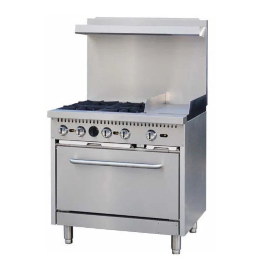 A commercial stainless steel oven range with four gas burners, liquid propane compatibility, a right-side griddle, a large oven below with a horizontal handle, high backsplash, and front panel controls above the oven door.