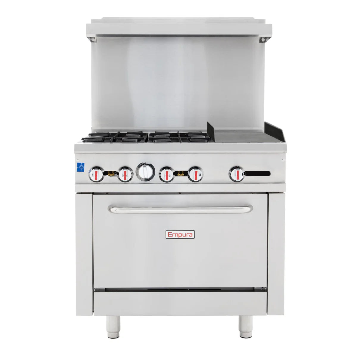 A commercial natural gas range features four control knobs, four gas burners on the left, a flat griddle on the right, an oven below, and a raised backsplash with shelf. The front is labeled Empura. The appliance stands on four adjustable legs.