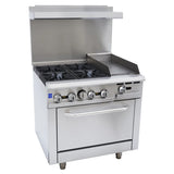 A commercial stainless steel Single Base Gas Range featuring four stove burners on the left, a flat griddle on the right, front control knobs, a commercial oven beneath, a high backsplash, and sturdy legs; ideal for professional kitchens.