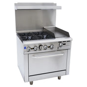 A commercial stainless steel Single Base Gas Range featuring four stove burners on the left, a flat griddle on the right, front control knobs, a commercial oven beneath, a high backsplash, and sturdy legs; ideal for professional kitchens.