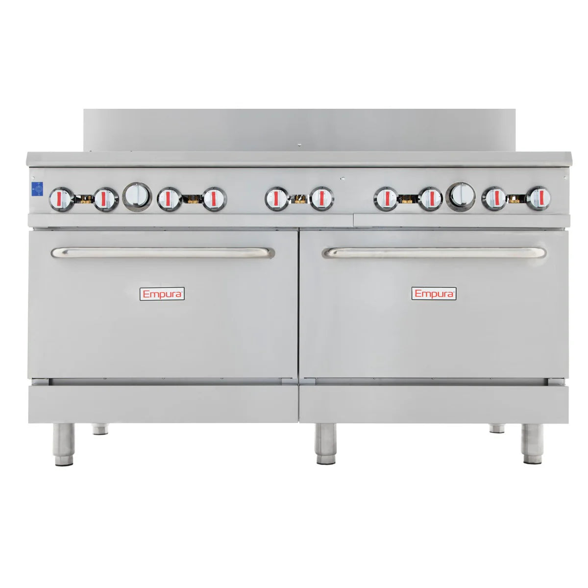 A large, commercial kitchen range made of stainless steel with eight control knobs and two oven doors, each with a horizontal handle. The Empura double base gas range stands on metal legs and features a simple, industrial design.