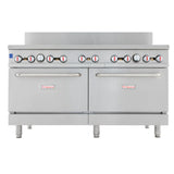 A large, commercial kitchen range made of stainless steel with eight control knobs and two oven doors, each with a horizontal handle. The Empura double base gas range stands on metal legs and features a simple, industrial design.