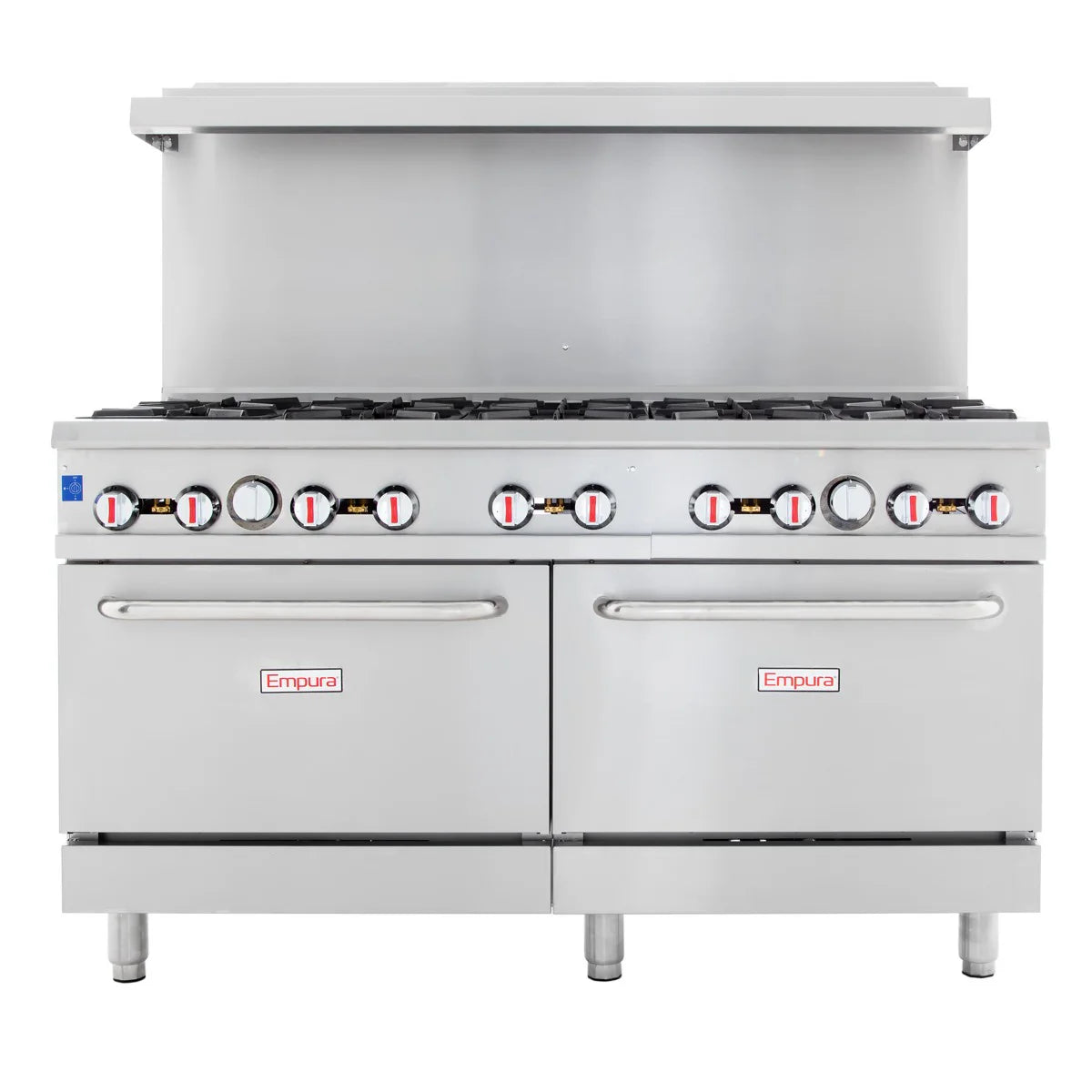 A commercial kitchen range, this stainless steel double base gas range features eight burners, two oven doors with handles, control knobs above each oven, and Empura branding. A backsplash rises behind the burners for added protection.