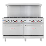 A commercial kitchen range, this stainless steel double base gas range features eight burners, two oven doors with handles, control knobs above each oven, and Empura branding. A backsplash rises behind the burners for added protection.